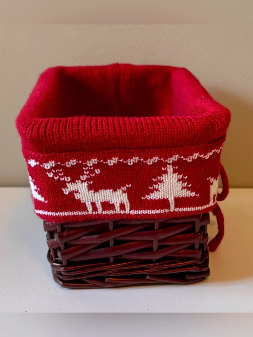 Red Holiday Woven Basket with Reindeer Knit Removable Liner